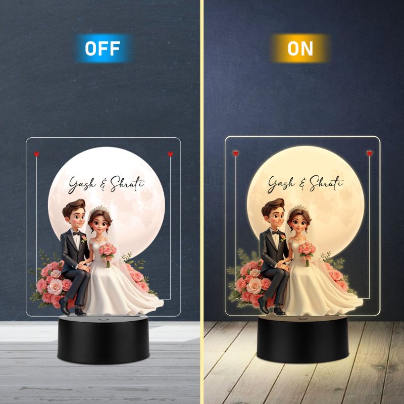 Personalized Wedding Couple LED Night Light with Moon and Roses, Warm White Acrylic Lamp with Black Base Wedding Gift for Friends Customized Gifts for Couple